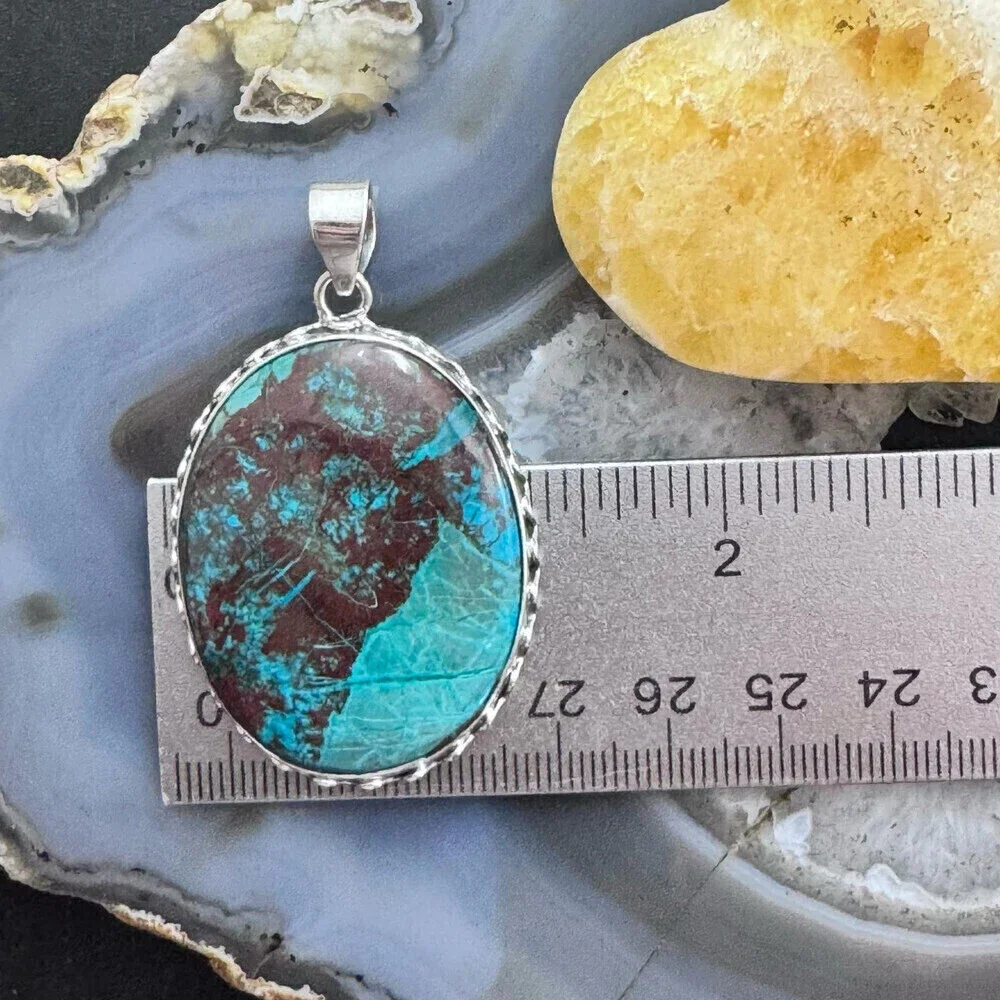 Sterling Silver Southwestern Style Large Oval Green Turquoise Pendant For Women - Picture 9 of 10